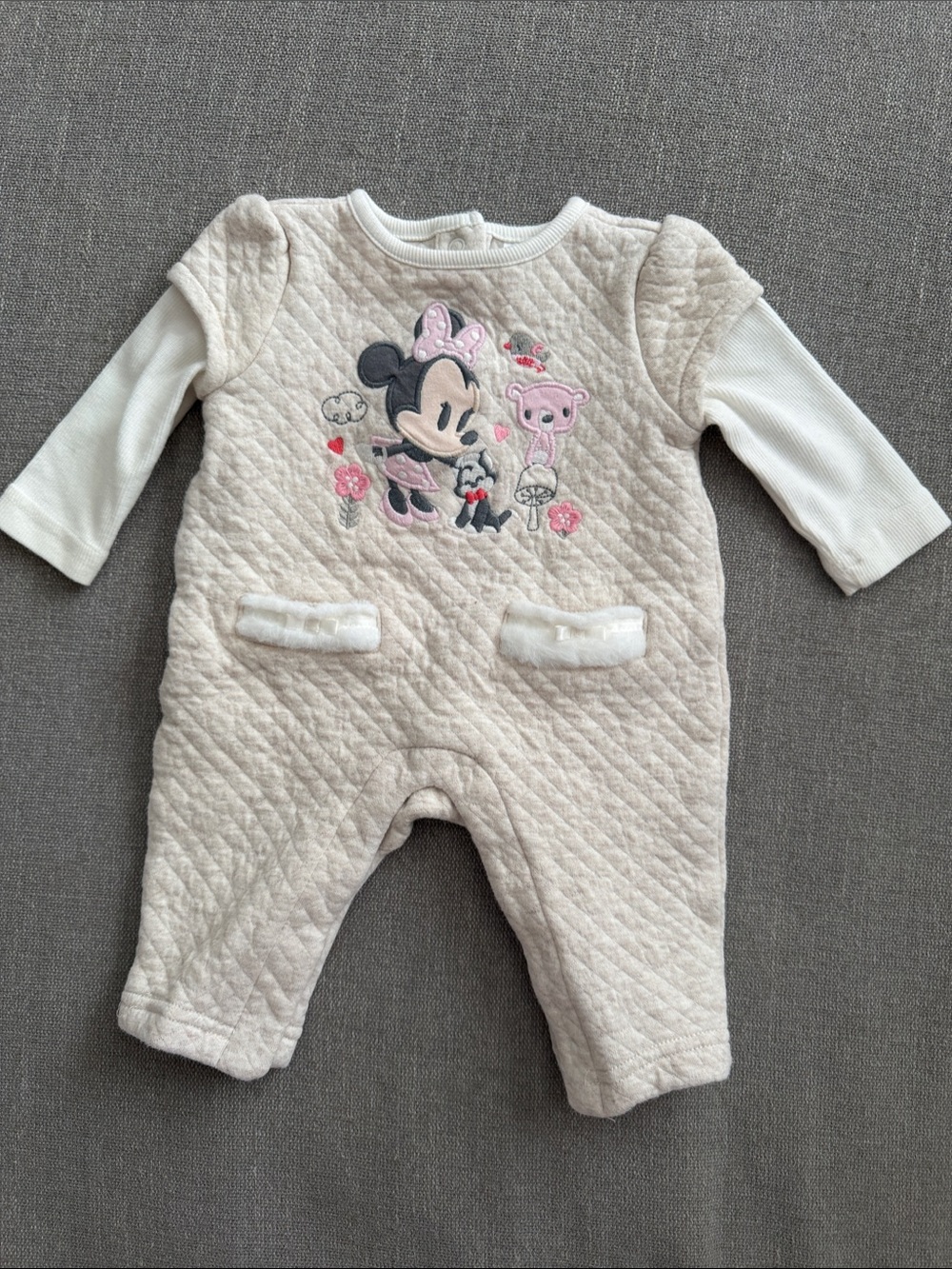 Disney Baby Minnie Mouse Quilted Cream Baby One-Piece. 0-3 mos